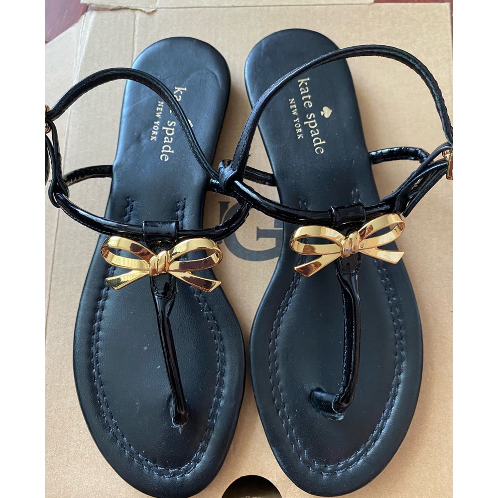 Kate Spade Tracie Gold Bow Black Sandals size 7 M